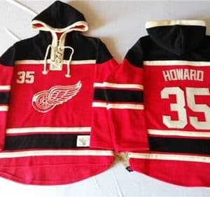 Red Wings #35 Jimmy Howard Red Sawyer Hooded Sweatshirt Stitched Jersey
