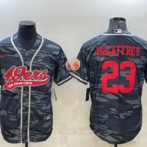 San Francisco 49ers #23 Christian McCaffrey Gray Red Camo With Patch Cool Base Stitched Baseball Jersey