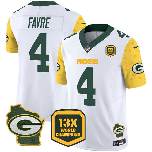 Green Bay Packers #4 Brett Favre White 2024 F.U.S.E. 13 Time World Champions And Home Patch Vapor Untouchable Limited Stitched Jersey
