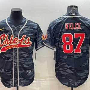 Kansas City Chiefs Blank #87 Travis Kelce Gray Navy Camo With Patch Cool Base Stitched Baseball Jersey