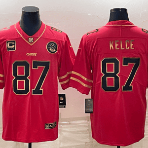 Kansas City Chiefs #87 Travis Kelce Red Gold 4-Star C Patch Vapor Untouchable Limited Stitched Jersey