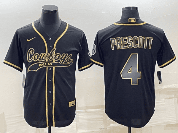 Dallas Cowboys #4 Dak Prescott Black Gold With Patch Cool Base Stitched Baseball Jersey