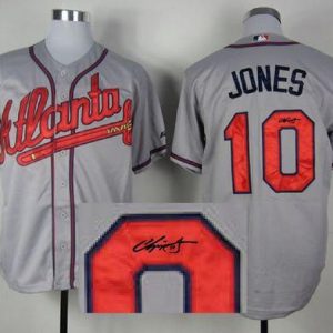 Braves #10 Chipper Jones Grey Cool Base Autographed Stitched Jersey