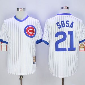 Cubs #21 Sammy Sosa White Strip Home Cooperstown Stitched Jersey