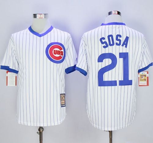 Cubs #21 Sammy Sosa White Strip Home Cooperstown Stitched Jersey
