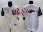 Chicago Cubs Team Big Logo White Pinstripe 2025 Independence Day Vapor Premier Limited Stitched Jersey