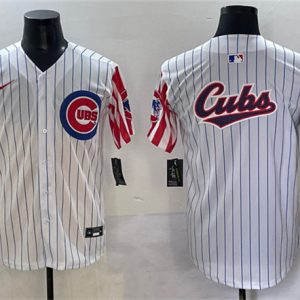 Chicago Cubs Team Big Logo White Pinstripe 2025 Independence Day Vapor Premier Limited Stitched Jersey