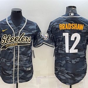Pittsburgh Steelers #12 Terry Bradshaw Grey Navy Camo With Patch Cool Base Stitched Baseball Jersey