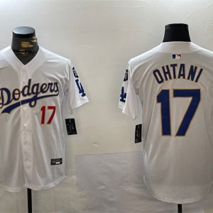 Los Angeles Dodgers #17 Shohei Ohtani White Gold 2024 World Series Champions With Fernando Memorial Patch Home Limited Stitched Jersey