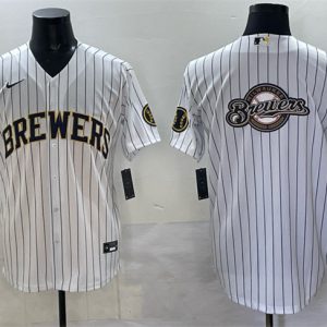 Milwaukee Brewers Team Big Logo White Pinstripe 2025 With Patch Stitched Jersey
