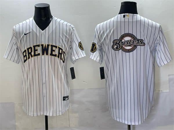 Milwaukee Brewers Team Big Logo White Pinstripe 2025 With Patch Stitched Jersey