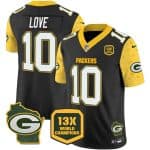 Green Bay Packers #10 Jordan Love Black 2024 F.U.S.E. 13 Time World Champions And Home Patch Vapor Untouchable Limited Stitched Jersey