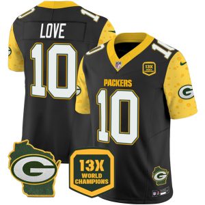 Green Bay Packers #10 Jordan Love Black 2024 F.U.S.E. 13 Time World Champions And Home Patch Vapor Untouchable Limited Stitched Jersey