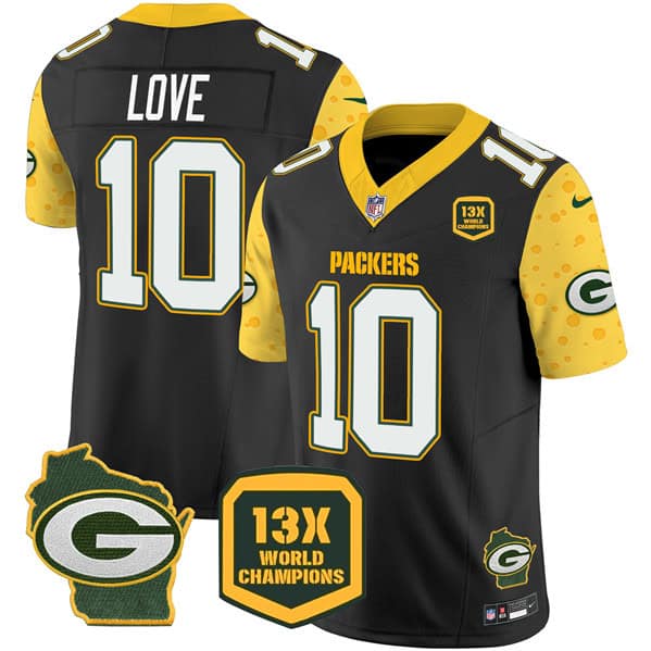 Green Bay Packers #10 Jordan Love Black 2024 F.U.S.E. 13 Time World Champions And Home Patch Vapor Untouchable Limited Stitched Jersey
