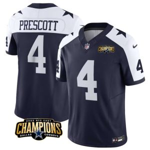 Dallas Cowboys #4 Dak Prescott Navy White 2023 F.U.S.E. NFC East Champions Patch Stitched Jersey