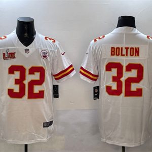 Kansas City Chiefs #32 Nick Bolton White 2025 Super Bowl LIX Patch Vapor Untouchable Limited Stitched Jersey