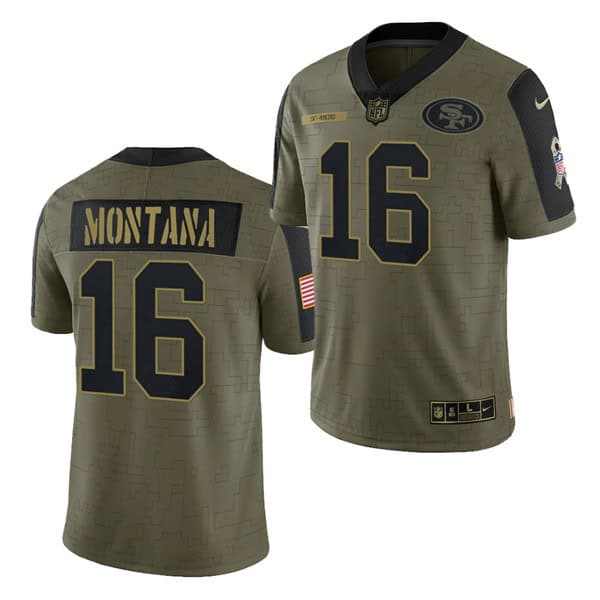 San Francisco 49ers #16 Joe Montana 2021 Olive Salute To Service Limited Stitched Jersey