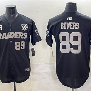 Las Vegas Raiders #89 Brock Bowers Black With Nevada Silver Stat Patch And 65th Anniversary Patch 3-Star C Patch Stitched Jersey
