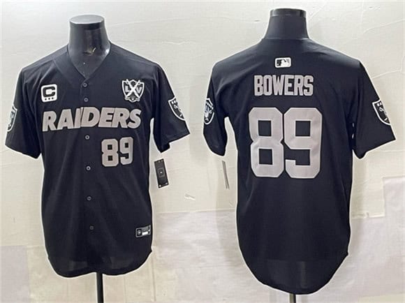 Las Vegas Raiders #89 Brock Bowers Black With Nevada Silver Stat Patch And 65th Anniversary Patch 3-Star C Patch Stitched Jersey