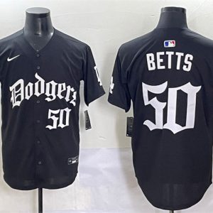 Los Angeles Dodgers #50 Mookie Betts Black 2025 LA Gothic Style With 2024 World Series Champions Patch Vapor Premier Limited Stitched Jersey