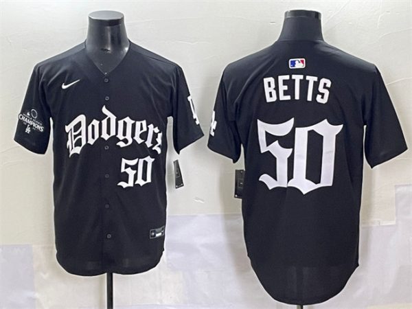 Los Angeles Dodgers #50 Mookie Betts Black 2025 LA Gothic Style With 2024 World Series Champions Patch Vapor Premier Limited Stitched Jersey