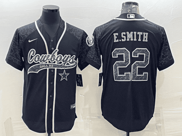 Dallas Cowboys #22 Emmitt Smith Black Reflective With Patch Cool Base Stitched Baseball Jersey