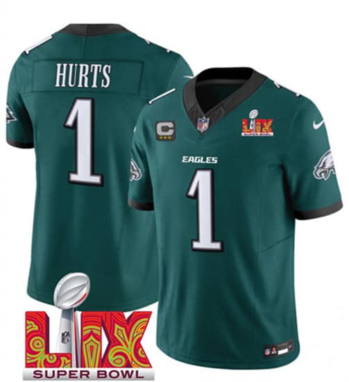 Philadelphia Eagles #1 Jalen Hurts Green 2025 Super Bowl LIX With 3-Star C Patch F.U.S.E. Vapor Untouchable Limited Stitched Jersey