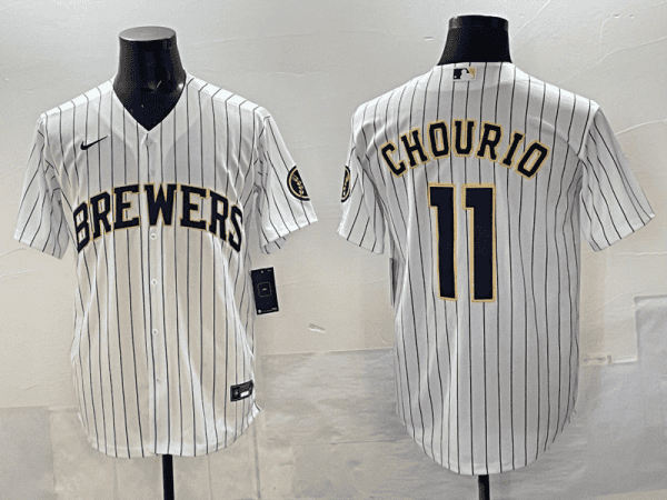 Milwaukee Brewers #11 Jackson Chourio White Pinstripe 2025 With Patch Stitched Jersey