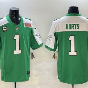 Philadelphia Eagles #1 Jalen Hurts Green White 2025 Super Bowl LIX Patch And 4-Star C Patch F.U.S.E. Vapor Untouchable Limited Stitched Jersey