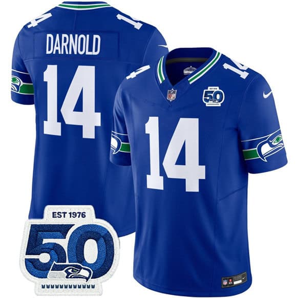 Seattle Seahawks #14 Sam Darnold Royal 2025 F.U.S.E 50th Anniversary Patch Throwback Vapor Limited Football Stitched Jersey