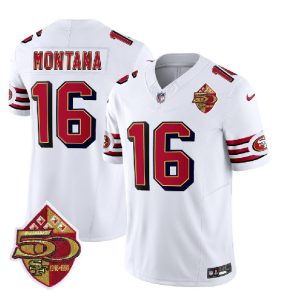 San Francisco 49ers #16 Joe Montana White 2023 F.U.S.E. 50th Patch Throwback Stitched Jersey