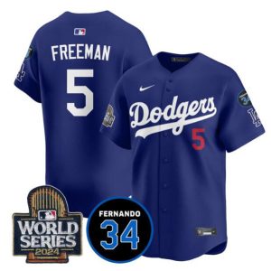 Los Angeles Dodgers #5 Freddie Freeman Royal 2024 World Series With Fernando Memorial Patch Limited Stitched Jersey