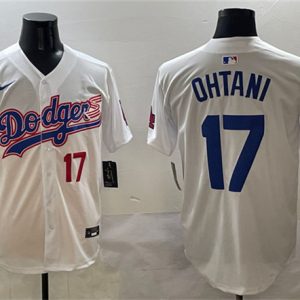 Los Angeles Dodgers #17 Shohei Ohtani White With American Flag Patch Limited Stitched Jersey
