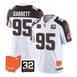 Cleveland Browns #95 Myles Garrett White Brown 2023 F.U.S.E. With Jim Brown Memorial Patch And 4-Star C Patch Vapor Untouchable Limited Stitched Jersey