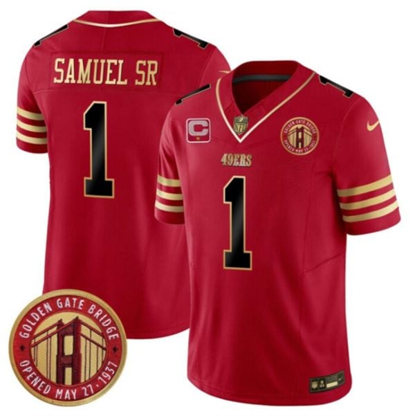 San Francisco 49ers #1 Deebo Samuel Sr. Red F.U.S.E. With 1-Star C Patch And Golden Gate Bridge Patch Balck Scarlet Vapor Limited Stitched Jersey