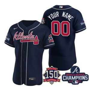 Atlanta Braves Navy Customized Custom 2021 World Series Champions With 150th Anniversary Stitched Jersey