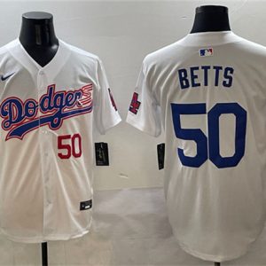 Los Angeles Dodgers #50 Mookie Betts White With American Flag Patch Limited Stitched Jersey