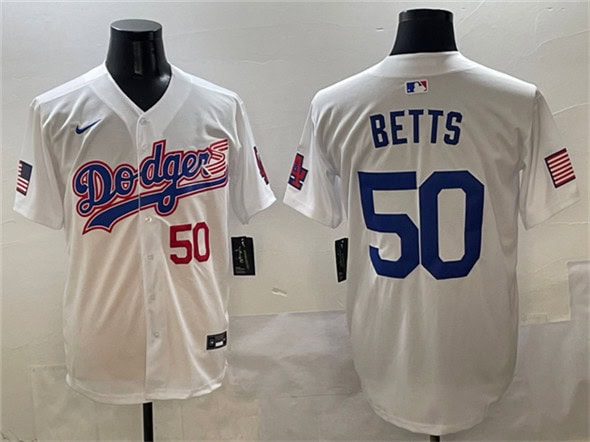 Los Angeles Dodgers #50 Mookie Betts White With American Flag Patch Limited Stitched Jersey