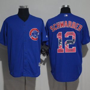 Chicago Cubs #12 Kyle Schwarber Blue Team Logo Print Cool Base Stitched Jersey