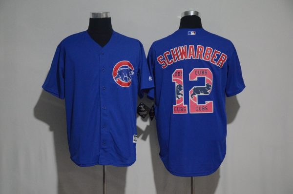 Chicago Cubs #12 Kyle Schwarber Blue Team Logo Print Cool Base Stitched Jersey