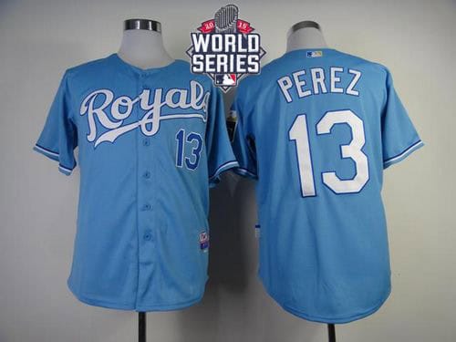 Royals #13 Salvador Perez Light Blue Cool Base W 2015 World Series Patch Stitched Jersey