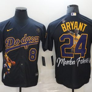 Los Angeles Dodgers Front #8 Back #24 Kobe Bryant Black With KB Patch Cool Base Stitched Jersey