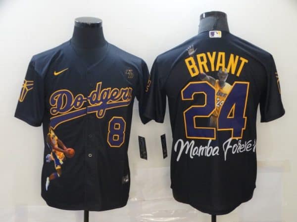 Los Angeles Dodgers Front #8 Back #24 Kobe Bryant Black With KB Patch Cool Base Stitched Jersey