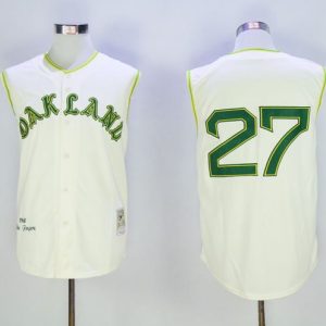 Mitchell And Ness 1968 Athletics #27 Catfish Hunter Cream Throwback Stitched Jersey