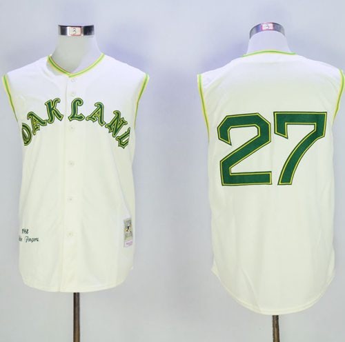 Mitchell And Ness 1968 Athletics #27 Catfish Hunter Cream Throwback Stitched Jersey