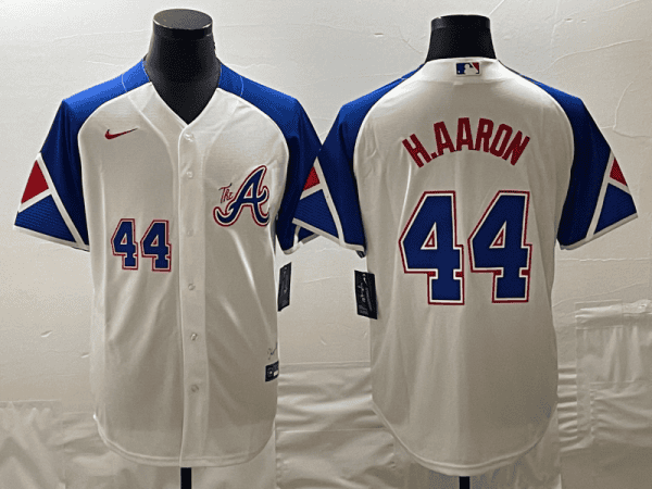 Atlanta Braves #44 Hank Aaron White 2023 City Connect Cool Base With Patch Stitched Jersey