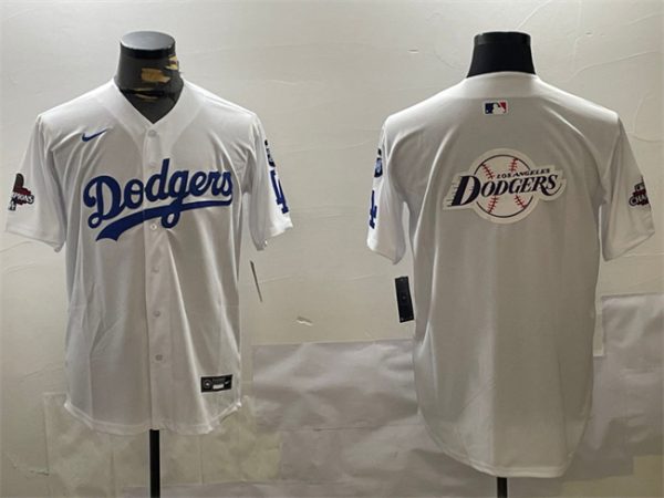 Los Angeles Dodgers Team Big Logo White 2024 World Series Champions With Fernando Memorial Patch Home Limited Stitched Jersey