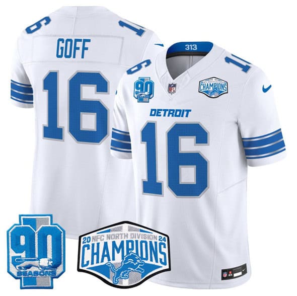 Detroit Lions #16 Jared Goff White 2024 NFC North Champions 90th Anniversary Patch F.U.S.E. Vapor Limited Stitched Jersey