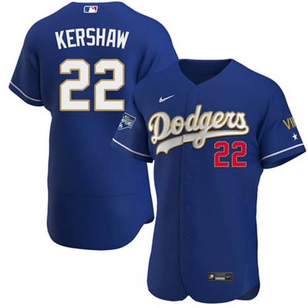 Los Angeles Dodgers #22 Clayton Kershaw Royal Blue Championship Flex Base Sttiched Jersey