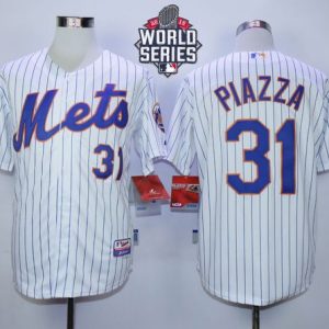Mets #31 Mike Piazza White(Blue Strip) Home Cool Base W 2015 World Series Patch Stitched Jersey